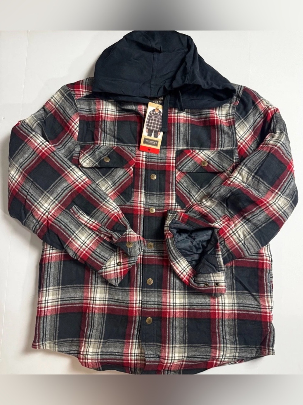 Legendary Outfitters Men's Flannel Shirt Jacket Red Blue Plaid Lined Hood Medium